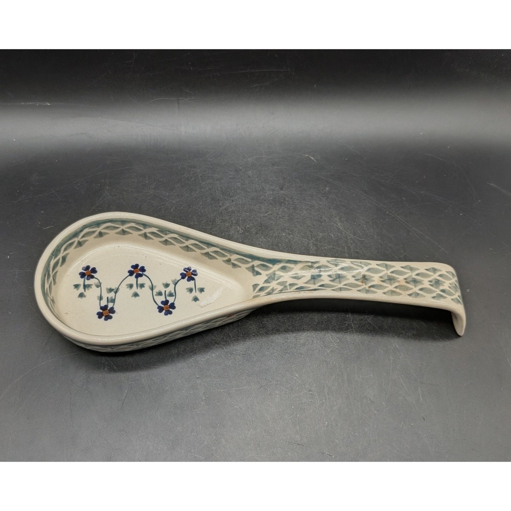 Polish Pottery Hand Made Boleslawiec Spoon Rest Floral G. Paraciej Blue Cream